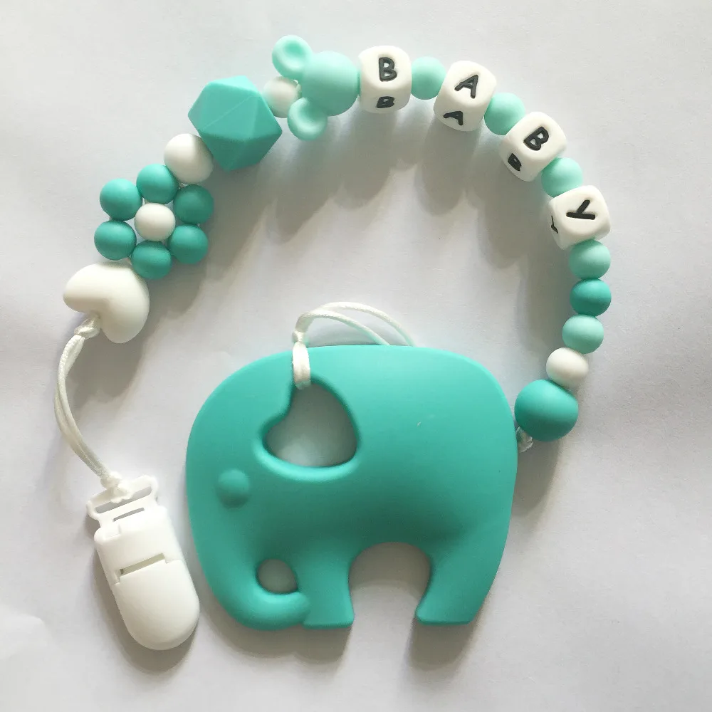

Personalized Name Silicone Teething Pacifier Clips with Elephant Silicone teether Pacifier Chain Clip Holder for Baby Chew Toys