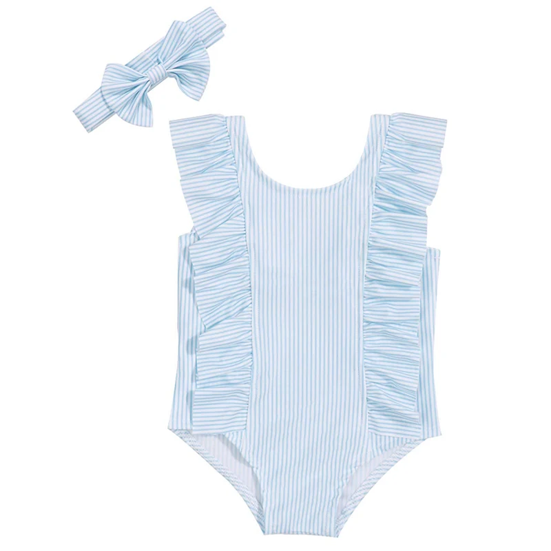 Baby Girl Bikini Striped Beach Swimsuit Ruffles Bathing Suit Swimwear+Headband 2 Pcs Set