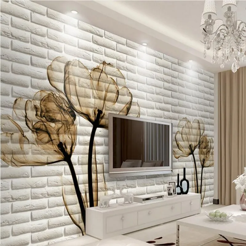 

beibehang large fresco tulip 3D brick wall TV wall background nonwovens environmental wallpaper papel de parede para quarto