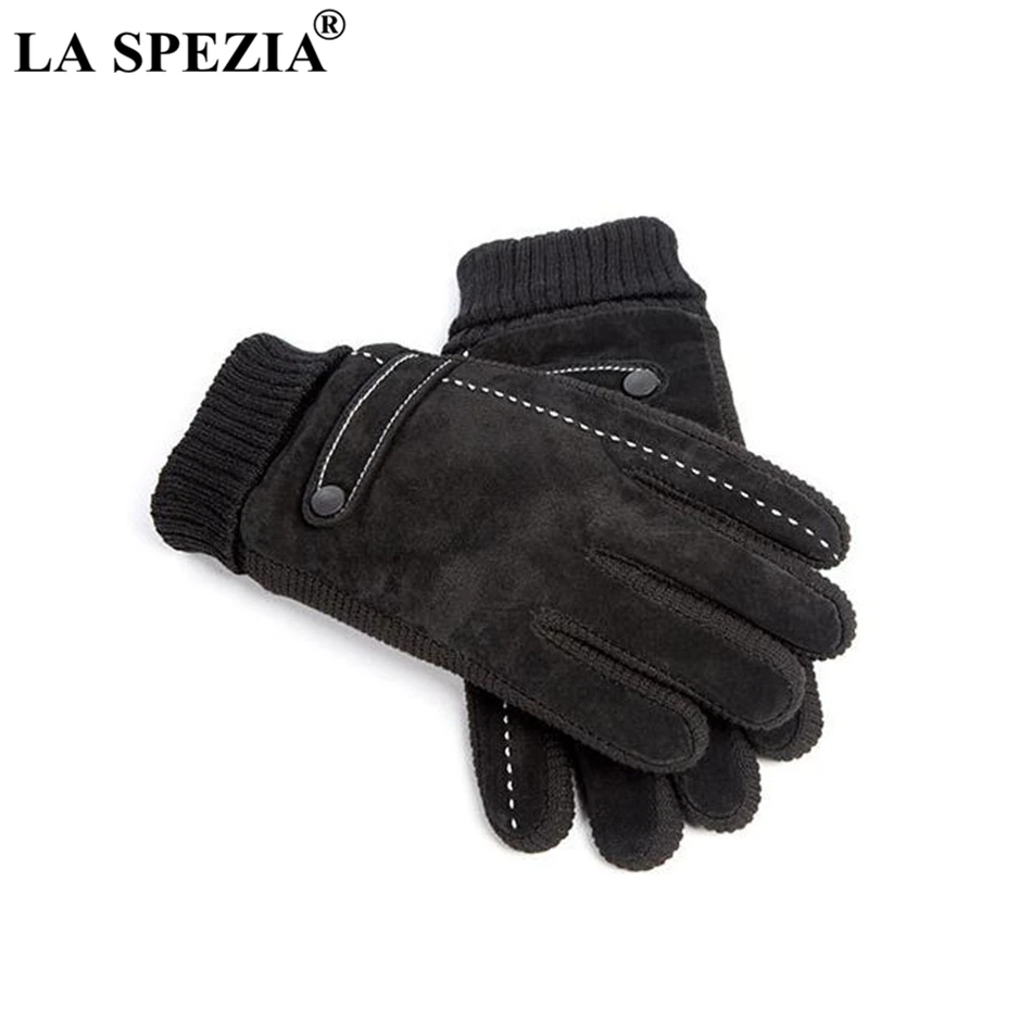

LA SPEZIA Men Gloves Pigskin Leather Black Fleece Workout Gloves Warm Windproof Biker Driving Gloves Winter Apparel Accessories