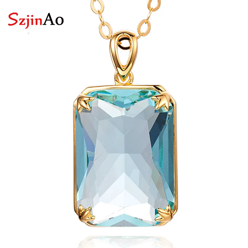 

SzjinAo Luxury Aquamarine Pendant 925 Silver Cover Gold Pendants For Women March Birthstone Engagement Jewelry Gift Wholesale
