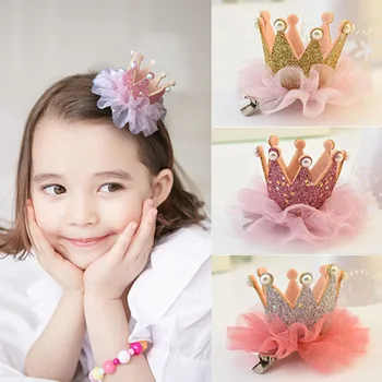 

Newborn Girls Princess Headband Gold Crown Hair Clip Children's Accessories Baby Lace Cute Hair Band Clips Pearl Jewelry