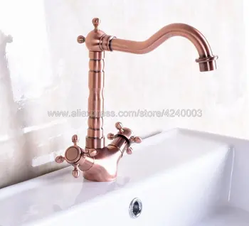 Antique Red Copper Bathroom Basin Faucet Double Handle Brass Water Tap Bathroom Faucet Kitchen Sink Mixer Tap Knf255 rose gold plated style brass fauct water tap art short bathroom wash basin faucet mixer antique copper toilet sink basin faucet