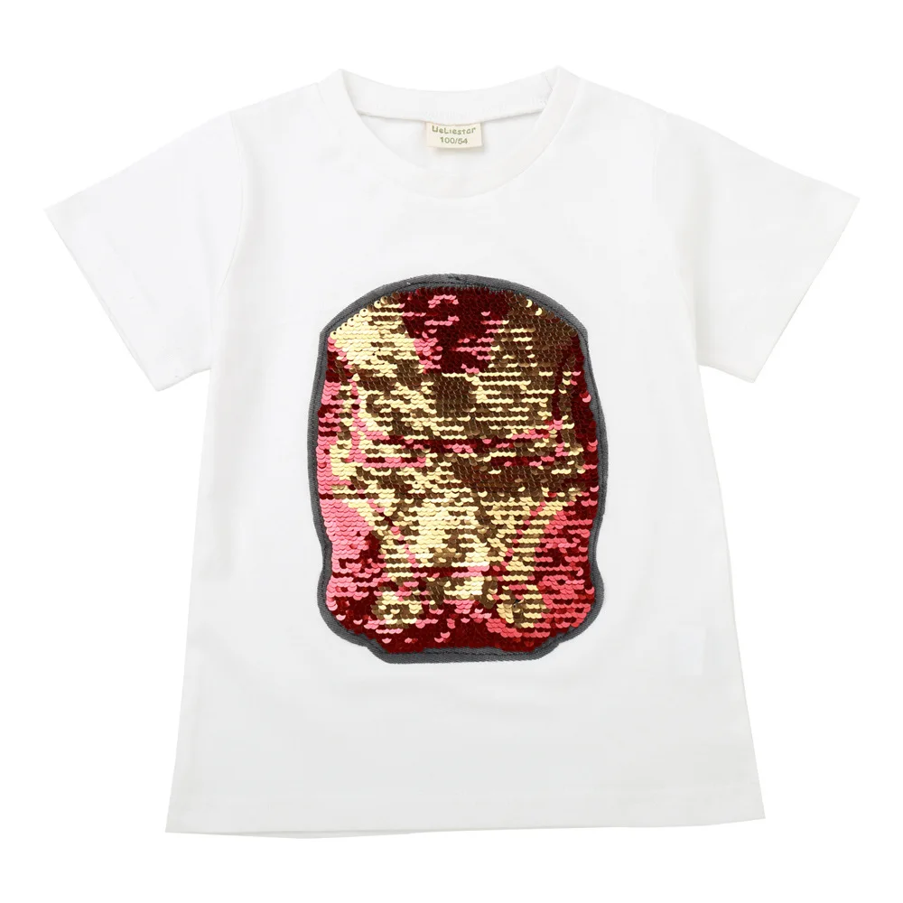 Детские крутые футболки с супергероями доступны для мальчиков и девочек, с двусторонними блестками, с изображением Человека-паука, Железного человека, топы, детские футболки - Цвет: Iron Man White