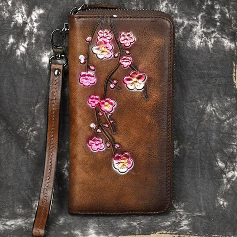 Винтажный женский кошелек, клатч, Удобные сумки, держатель для карт, слива, цветочный узор, кошелек, монета, карман, натуральная кожа, Женская длинная сумка