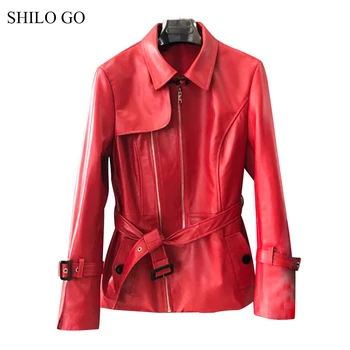 

SHILO GO Leather Trench Womens Spring Fashion sheepskin genuine leather Long Coat lapel collar front zipper belt straight coat