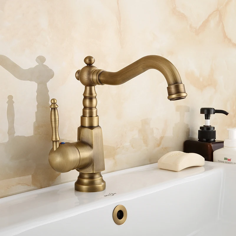 Antique Brass Single Handle Basin Faucet Deck Mount Bathroom Faucet Vanity Vessel Sinks Mixer Tap KD545