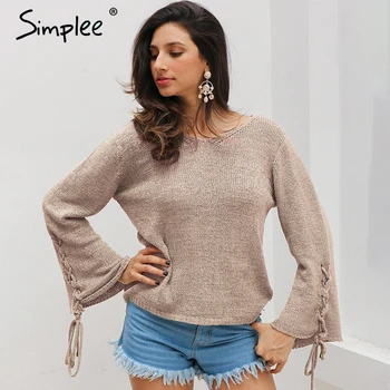 

Simplee Lace up knitted sweater pullover Women casual loose winter sweater jumper Female sexy v neck flare sleeve autumn sweater