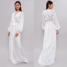 Шелковый ночной халат на заказ с длинными рукавами, кружевной аппликацией, длина до пола, сексуальный купальный халат, женская одежда для сна