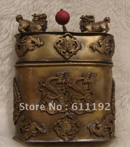 

Asian antiques rare Tibetan bronze toothpick box "two lion playing with a pearl
