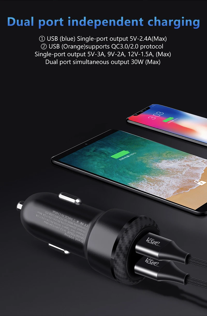 VVKing 30 Вт Быстрая зарядка 3,0 2 USB Автомобильное зарядное устройство для huawei samsung Xiaomi LG QC3.0 SCP FCP AFC для iPhone ipad 2.4A Быстрая зарядка