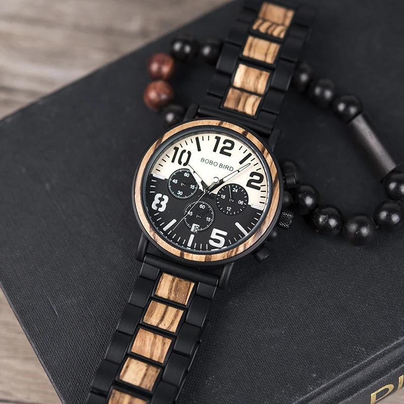 Wooden Watches Men Unique Dial Stopwatch BOBO BIRD Wristwatch Stainless steel With Date Create clock Gift In Wood Box saat erkek