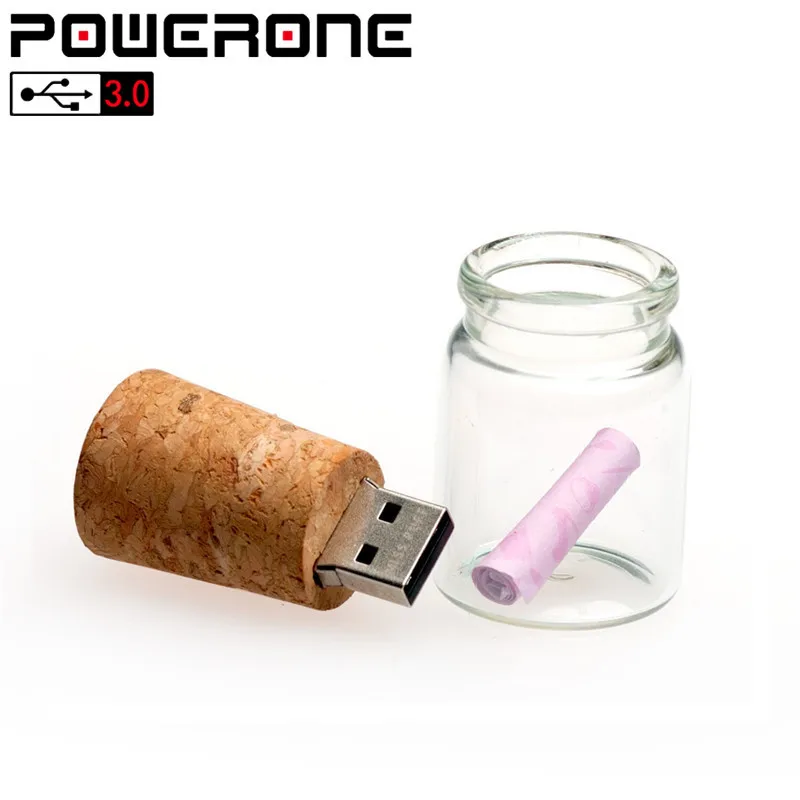 POWERONE USB 3,0 Дрифт Бутылка пробка+ деревянная коробка Флешка 4 ГБ 16 ГБ 32 ГБ 64 Гб карта памяти стеклянная бутылка пожеланий usb флэш-накопители подарок