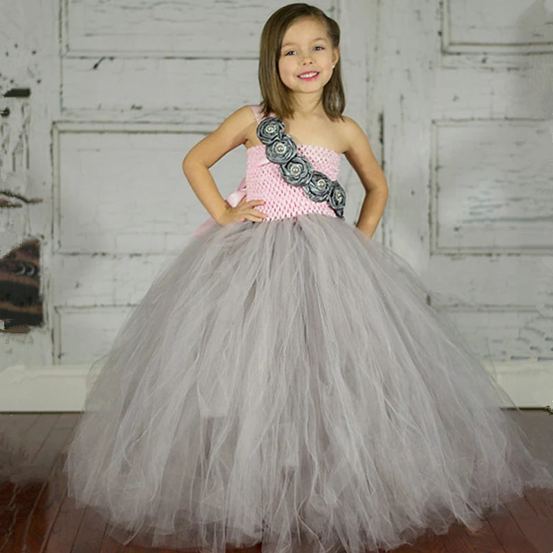 Cute Girls Grey Tulle Dress Kids Crochet Corset Long Tutu with Rose Flowers Children Wedding Party Costume Banquet Dresses | Детская