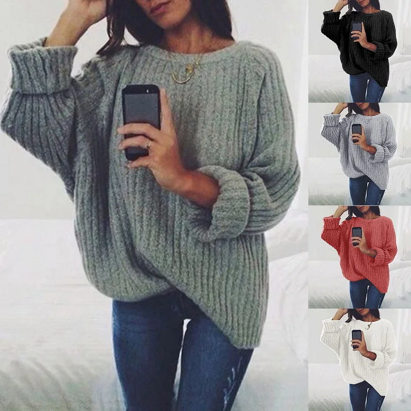 

Women Solid O Neck Knitted Pullovers 2018 Autumn Winter Fashion Female Sweaters Ladies Casual Loose Warm Knitwear