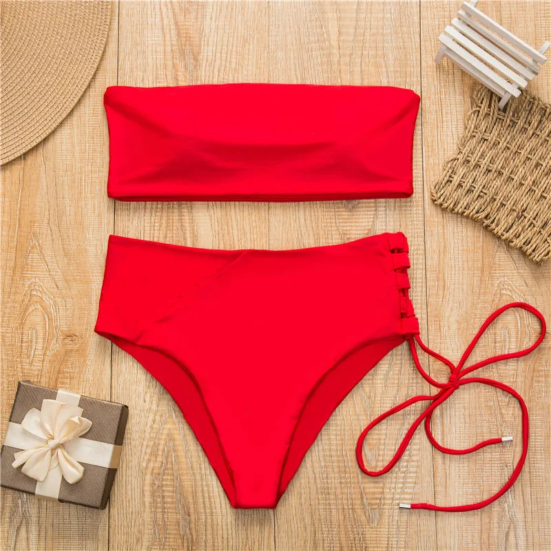 Günstig Sexy Hohe Taille Bikini 2019 Frauen Bademode Solid Weiß Badeanzug Weibliche Badeanzug Bandeau Brazilian Bikini Set maillot de bain