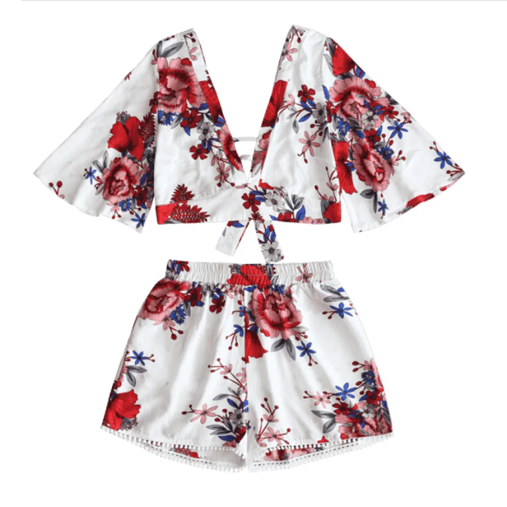 

Summer Blouse Women Fashion Casual ladies blouses Two Piece Set Women Botanical Print Summer V Collar Top Shorts Beachwear 2018