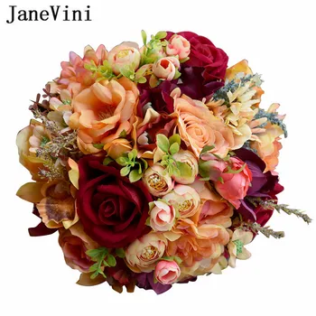

JaneVini 2018 Ramo Novia Artificial Flowers Weddings Hand Brooch Bouquet Dark Red Bridesmaid Bridal Bouquets Groom Boutonniere