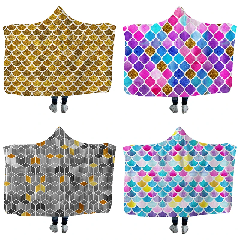 

Mermaid Scales Printed Soft Fleece Cover Blanket Winter Warm Sofa Bed Throw Blanket for Adults Kids Multifunction Hooded Blanket