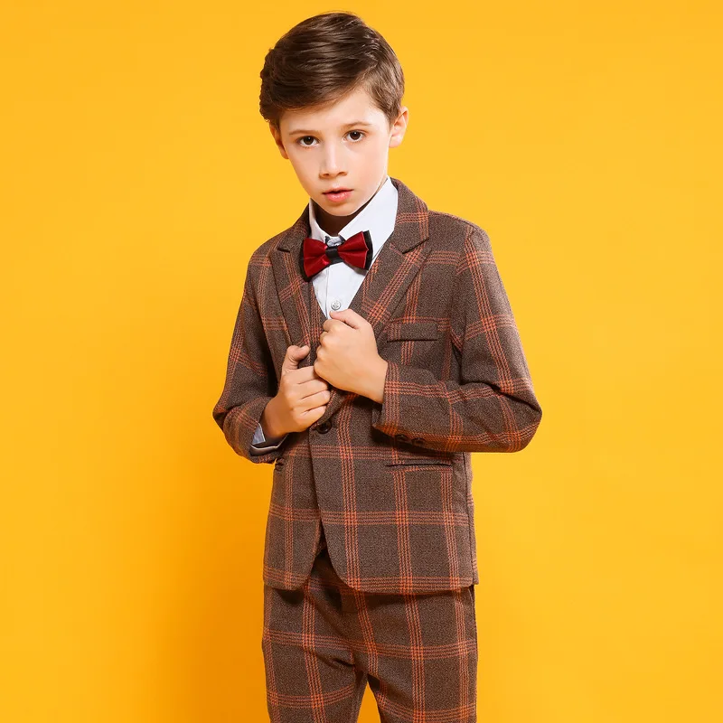 

LUOBOBEIBEI boy wedding blazer suit children vest costumes tuxedo kid party clothes boys plaid suits Flower Children Brown