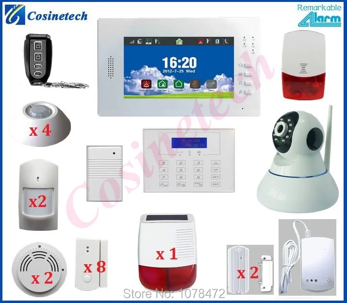 

Customized 7 inch Touch screen 868 gsm alarm system+surveillance IP camera+Solar siren for home security WIFI alarm system