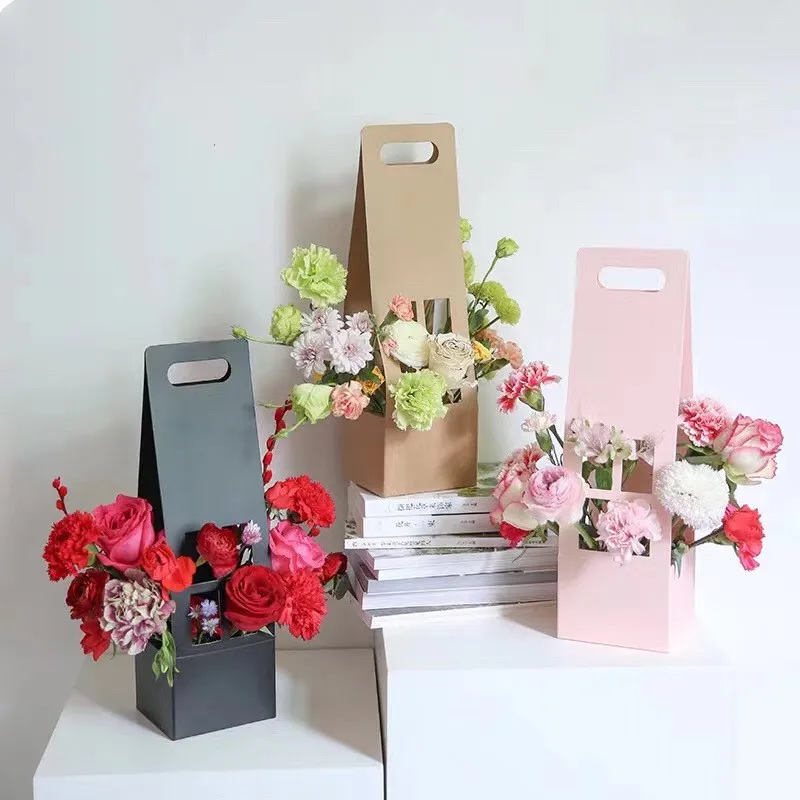 

Flower Packaging Bag Handled Florist Bouquet Gift Paper Boxes for Wedding Valentine's Day 12x11x42cm Floral Wrapping boxes