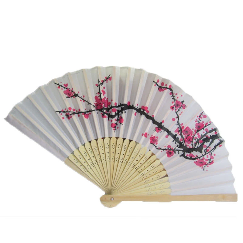 

New Arrive Elegant Plum Blossom Flower Print Folding Hand Fans 2001 Designer White Polyester Fans Summer Women Girl Dancing Fan