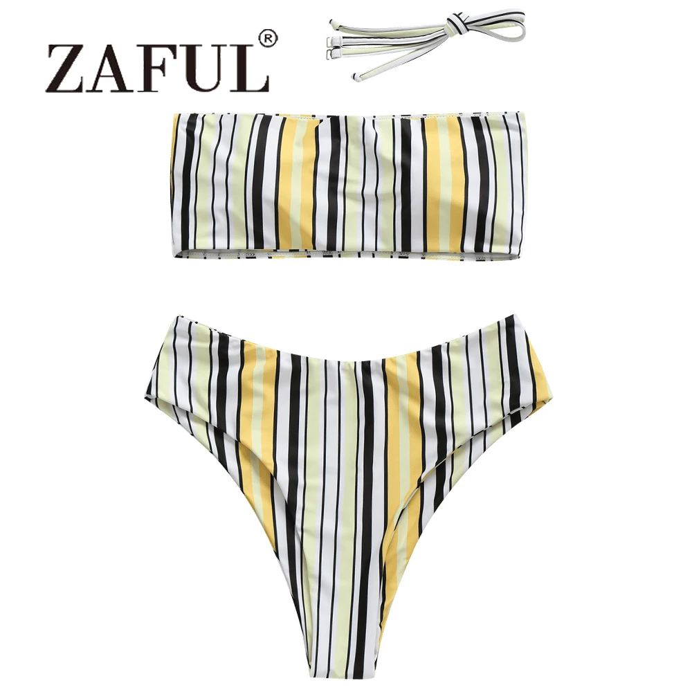  ZAFUL Halter Bikini Women Padded Swimsuit Striped Bandeau Bikini Set Sexy Strapless Swimwear High C