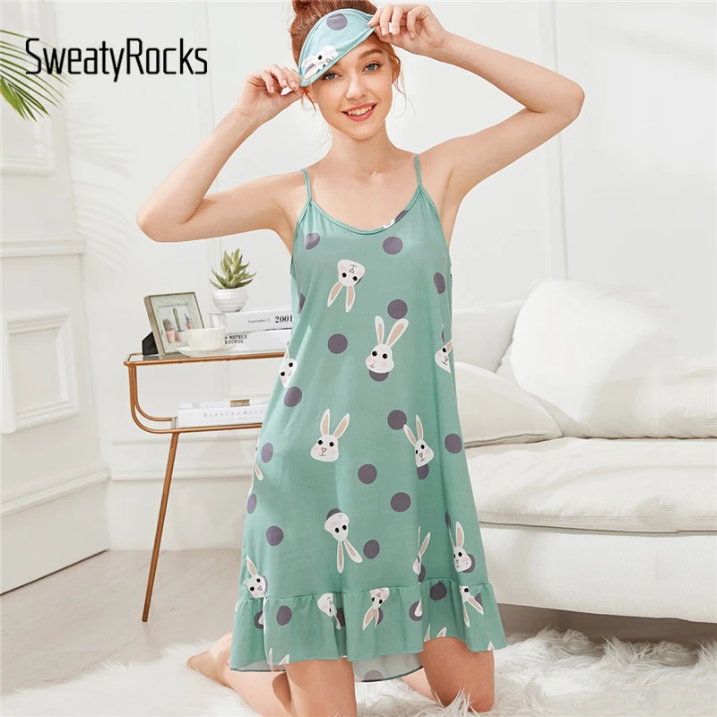 

SweatyRocks Rabbit Print Cami Dress With Eye Mask Summer 2019 Green Nightgown Ruffle Hem Sleepshirts Sleeveless Night Dresses