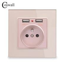 Coswall Хрустальная стеклянная панель двойной usb порт для зарядки 2.1A 16A французская розетка настенная розетка Золотой Серый Белый Черный 4 цвета