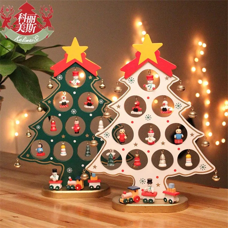 Christmas Gift 1pc mini table XMAS trees Decoration wood Christmas tree with ornament DIY Christmas