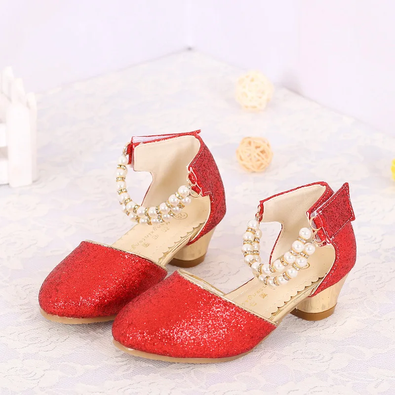 

2019 New Girls Summer Sandals Glitter Bead Children High Heels Kids Sandals Leather Shoes Girls Wedge Shoes White Red Pink 26-38