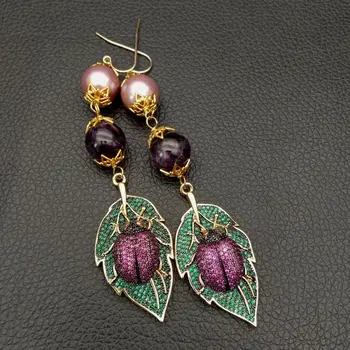 

Purple A1methyst Sea Shell Pearl Cz pave Beetle Hook Earrings