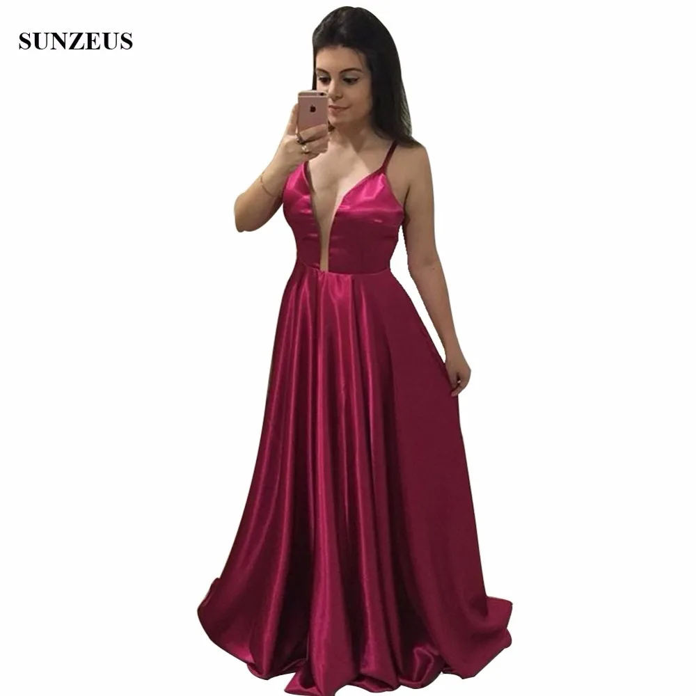 Deep Vneck Bridesmaid Dresses Long Fuchsia Satin Party Gowns For
