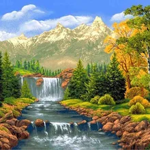 Двойной водопад дерево 5d diy алмаз живопись пейзаж полная квадратный deer рыба Алмазная вышивка пейзаж Парусник поезд