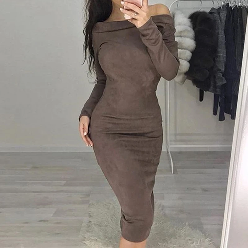 2018 Sexy Bodycon Off Shoulder Autumn Winter Women Dress Female Womens Holiday Party Casual Dresses Femme Solid Color Vestidos