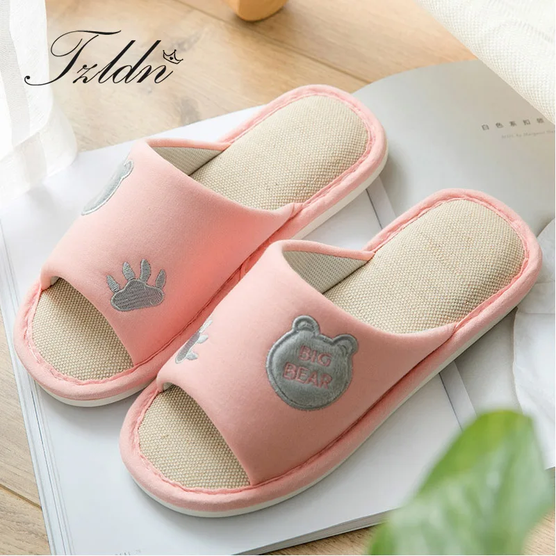 

2019 TZLDN Animal Prints Flax Womens Slippers Summer Cute Bear Home Women Slippers Indoor Floor Toe Shoes Female Casual Sandals