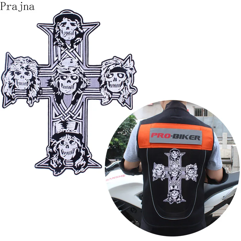 

Prajna Custom Big Skull Cross Patch Stickers Gothic Punk Rock Iron On Patches Embroidered Large Patch Clothes Accessories Stripe