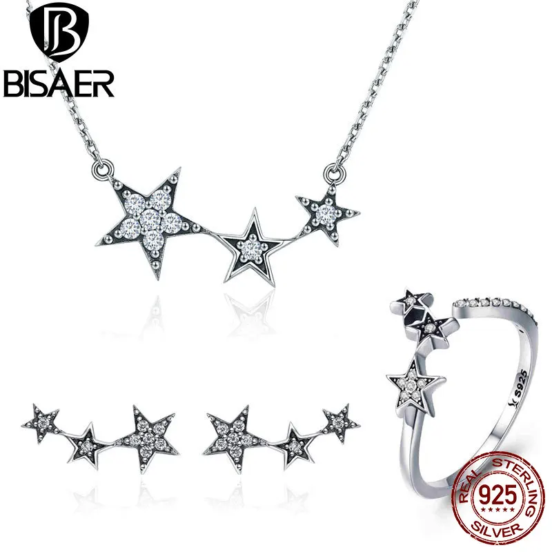 

BISAER Silver 925 Sterling Silver Jewelry Set Shining Star Dazzling Star CZ Earrings & Rings for Women Fashion Jewelry Sets