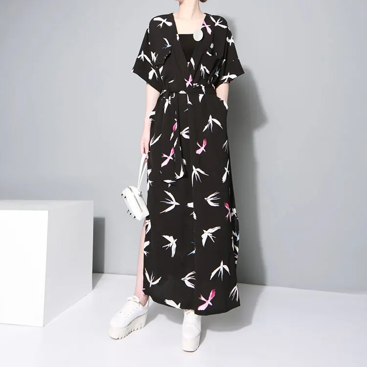 

Women's Fashion style new design Vintage kimono swallow printed V-Neck loose tie long dress lace up dresses for women