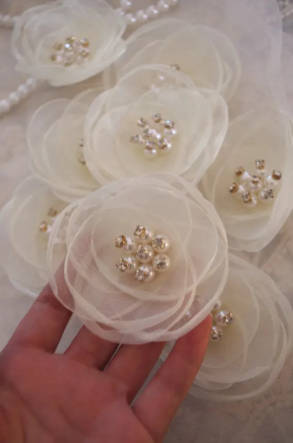 

ivory handmade flower, handmade rosette applique, pearl bead rose flower, headband accessory, crafting rosette 2 pcs