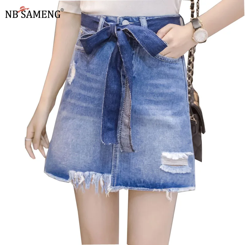 Casual High Waist Denim Skirt Blue Light Wash Women Distressed Mini