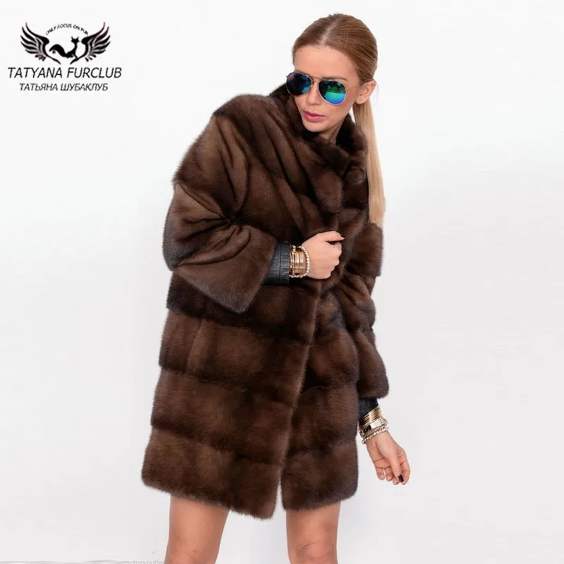 Женская шуба из натурального меха норки Tatyana Furclub длинная кофейного цвета с