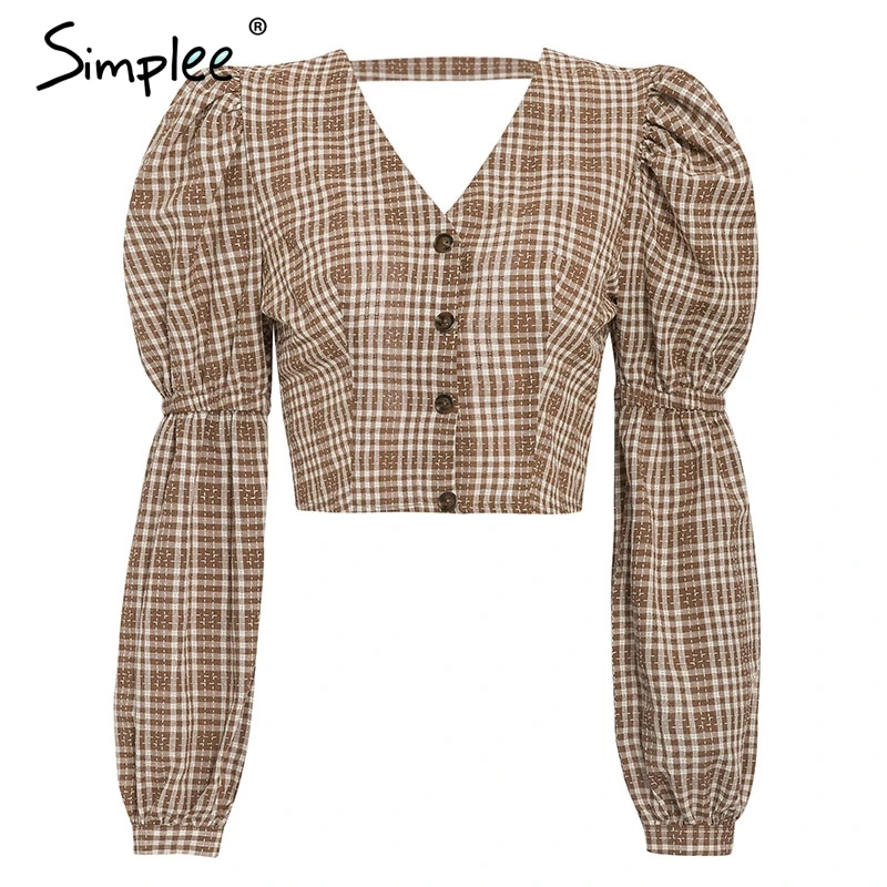  Simplee Vintage plaid shirt women blouse Sexy backless lace up female top shirt Autumn puff sleeve 