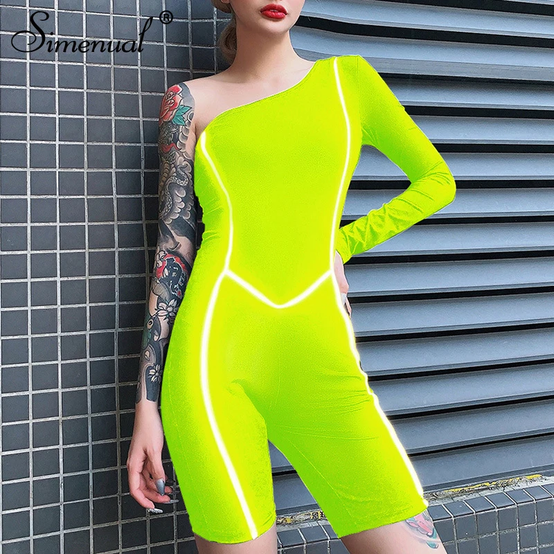 Simenual Neon Reflective Striped Casual Playsuits Fitness Sporty Active Wear One Shoulder Long Sleeve Rompers Womens Jumpsuit Simenual Neon Reflective Striped Casual Playsuits Fitness Sporty Active Wear One Shoulder Long Sleeve Rompers Womens Jumpsuit