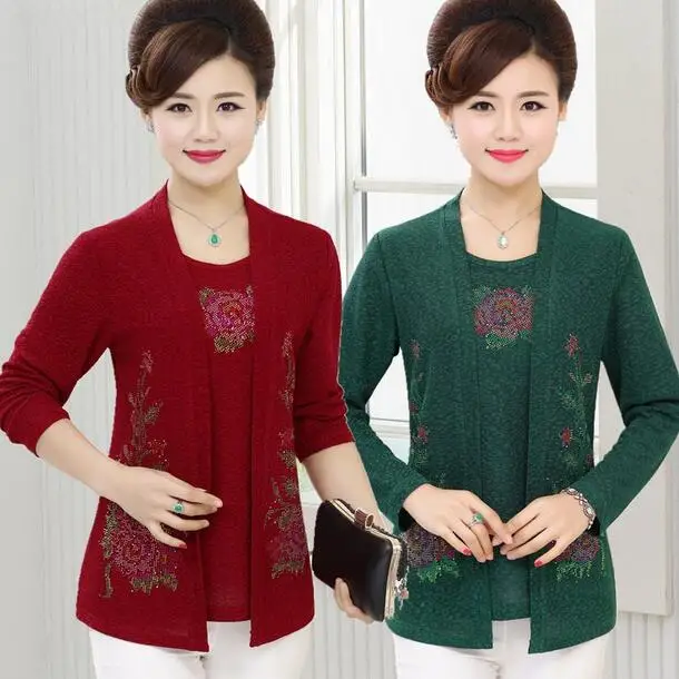 

Middle Aged Woman Sequined Fake 2 Piece Blouses Red Green Faux Twinset Tops Women's Elegant Plus Size Blouse Long Sleeve WF991