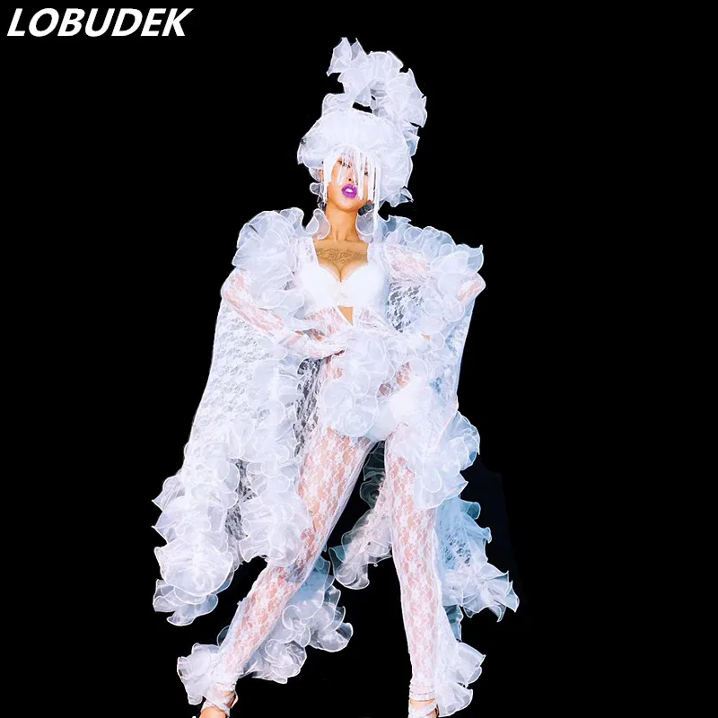 

White Lace Jumpsuit With Wing Sexy See-through Stage Wear Women Dance Team Performance Costume Bar Nightclub Party Dance Outfit