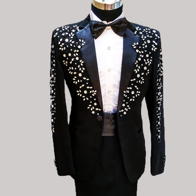 100real mens full embroidery crystal beading white/black tuxedo suit