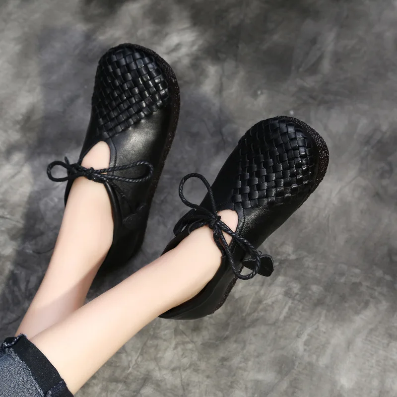 

Tyawkiho Genuine Leather Women Flats Black Low Heel Lace Up Shoes Spring 2018 Soft Leather Flats Retro Handmade Ballat Flat Sale
