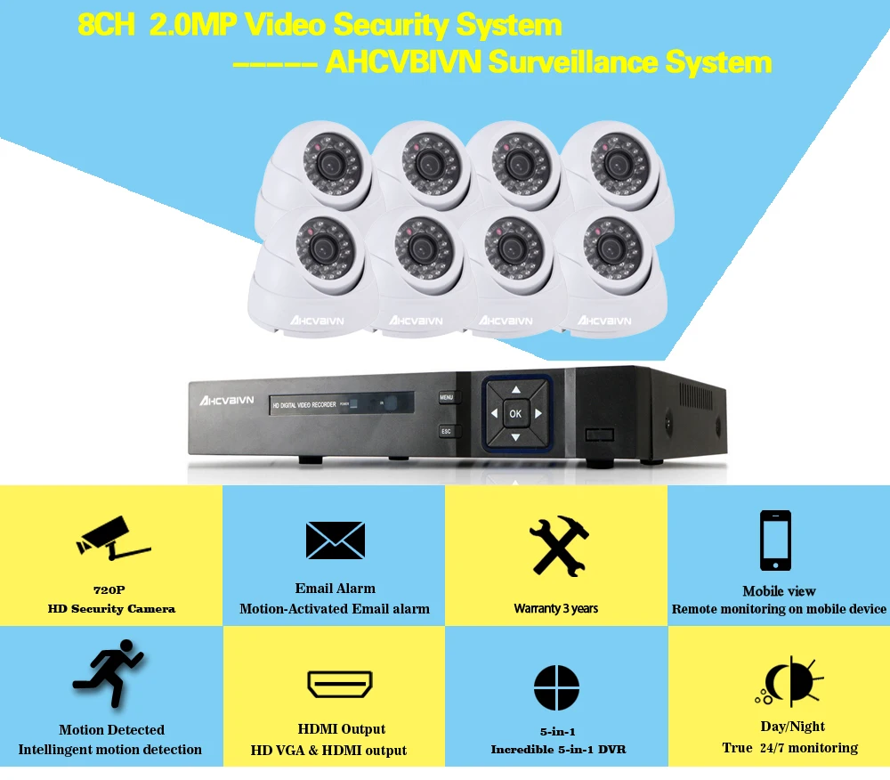 720 P HDMI AHD 8CH CCTV DVR 8CH система видеонаблюдения 8 шт. 1,0 Мп ИК камера безопасности 1200 ТВЛ камера видеонаблюдения
